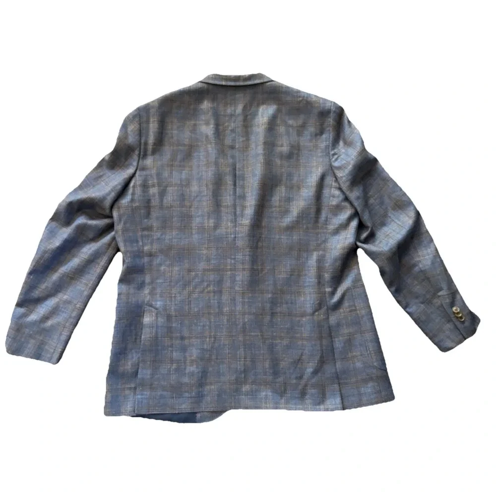 Peter Millar Sport Coat 48T Loro Piana Summer Wool Silk Linen Blue Plaid Blazer